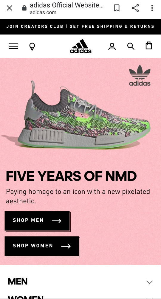 The home page of the Adidas brand